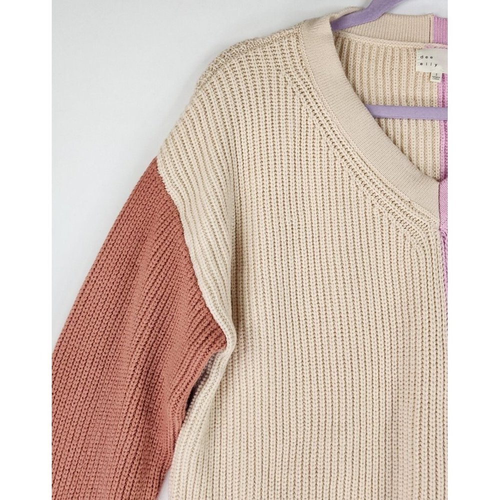 Dee Elly Sweater Womens Small Multi Color Block V Neck Knit Preppy Drop Shoulder - Picture 5 of 13
